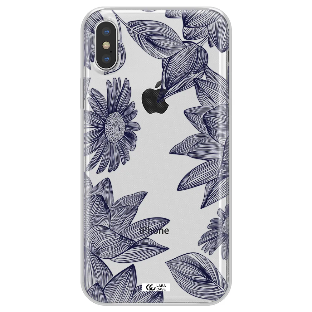 Blue Line Flower Apple iPhone XS Clear TPU Case