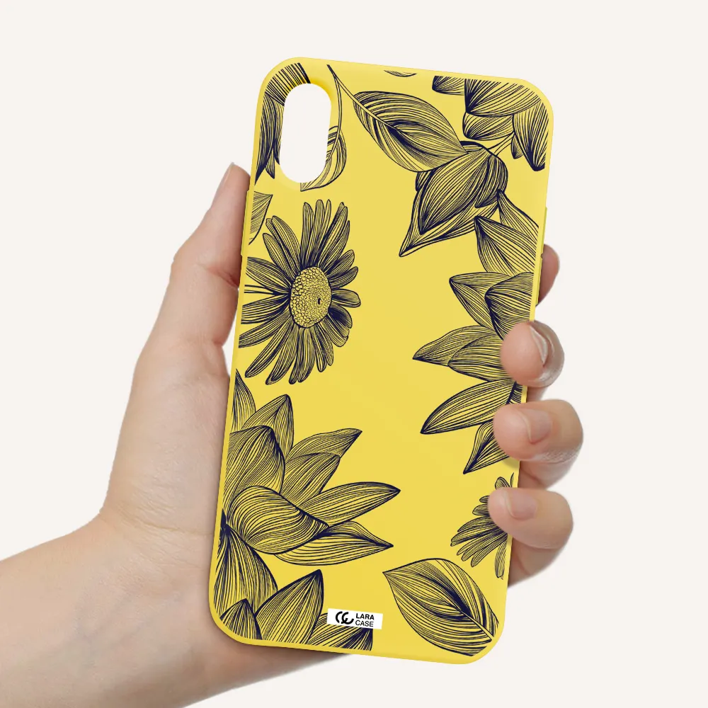Blue Line Flower Apple iPhone XS Silicone canary yellow Case