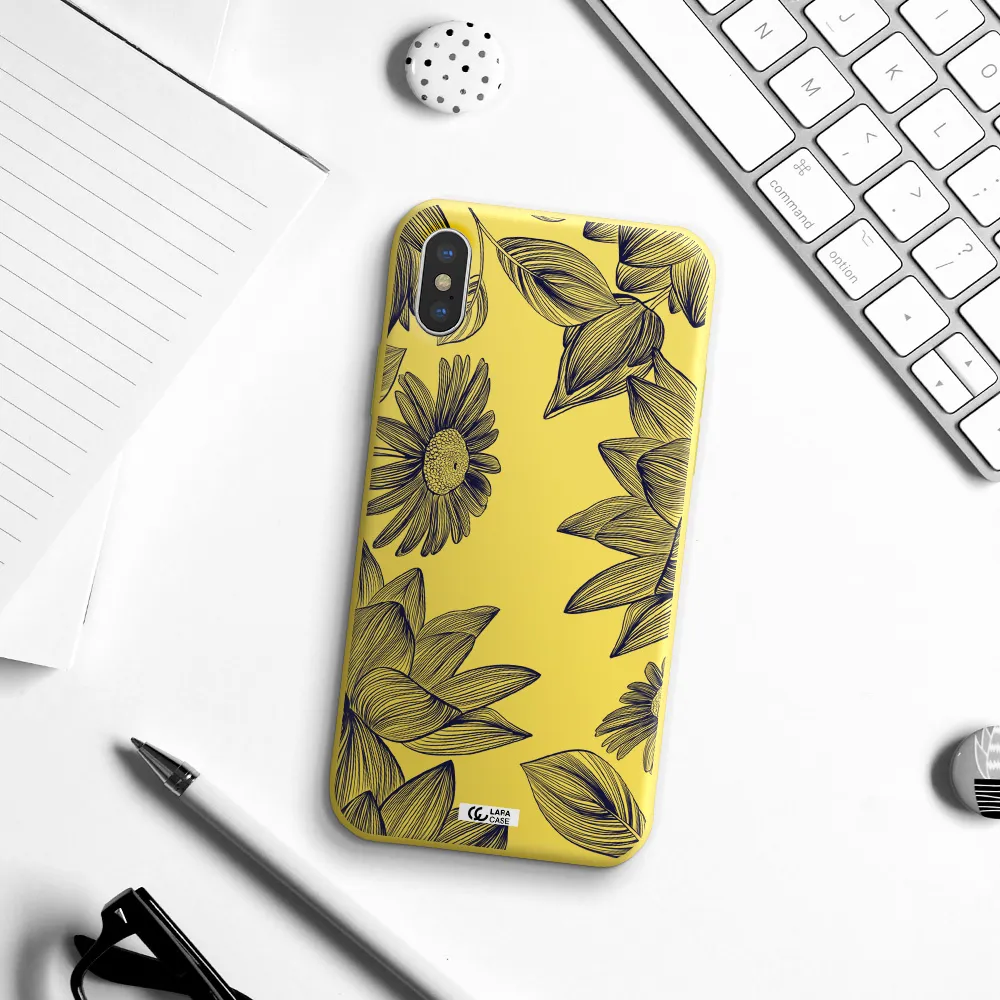 Blue Line Flower Apple iPhone XS Silicone canary yellow Case