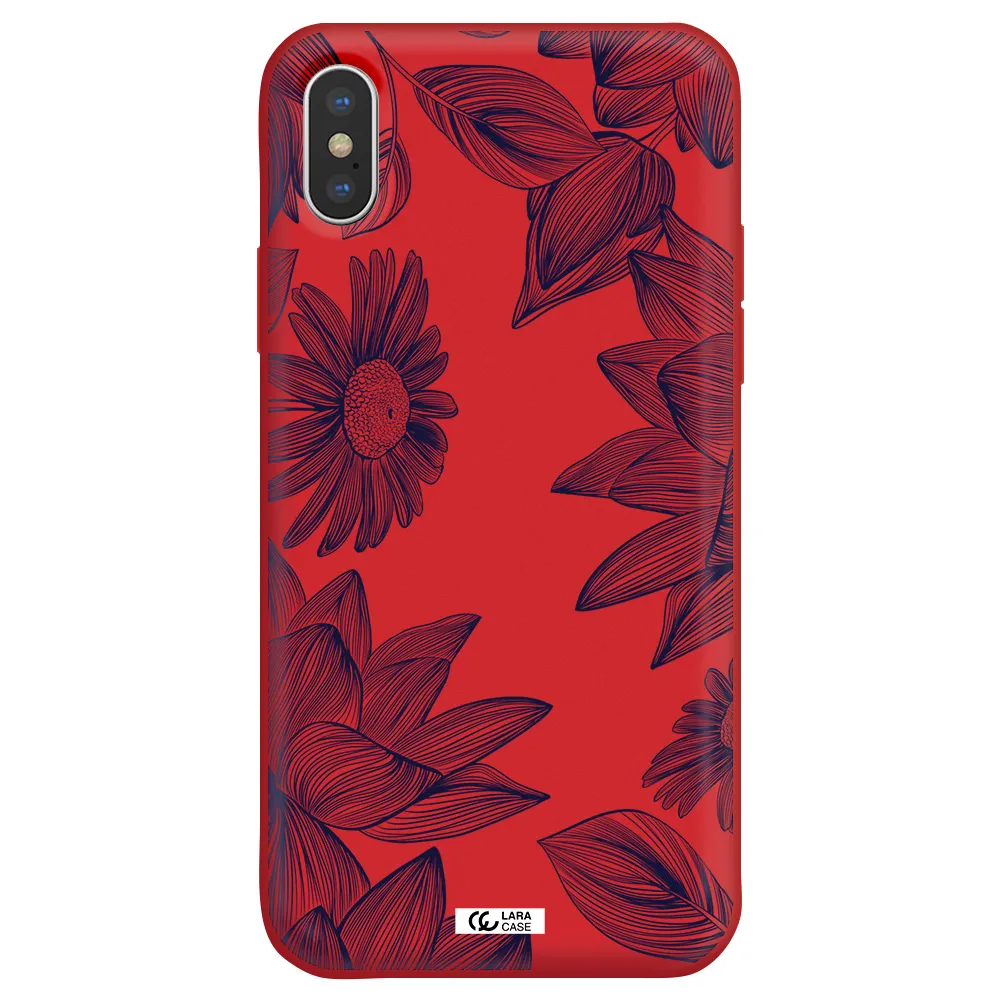 Blue Line Flower Apple iPhone XS Silicone Imperial Red Case