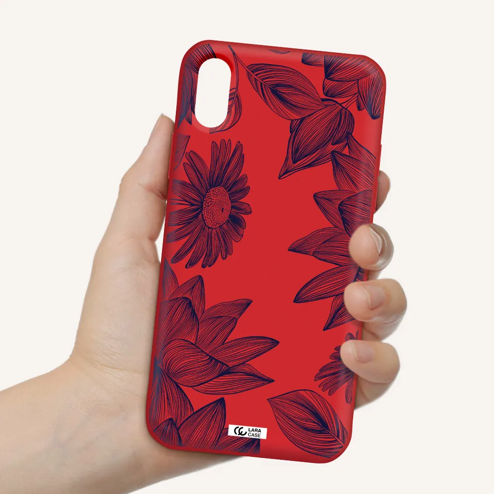 Blue Line Flower Apple iPhone XS Silicone Imperial Red Case