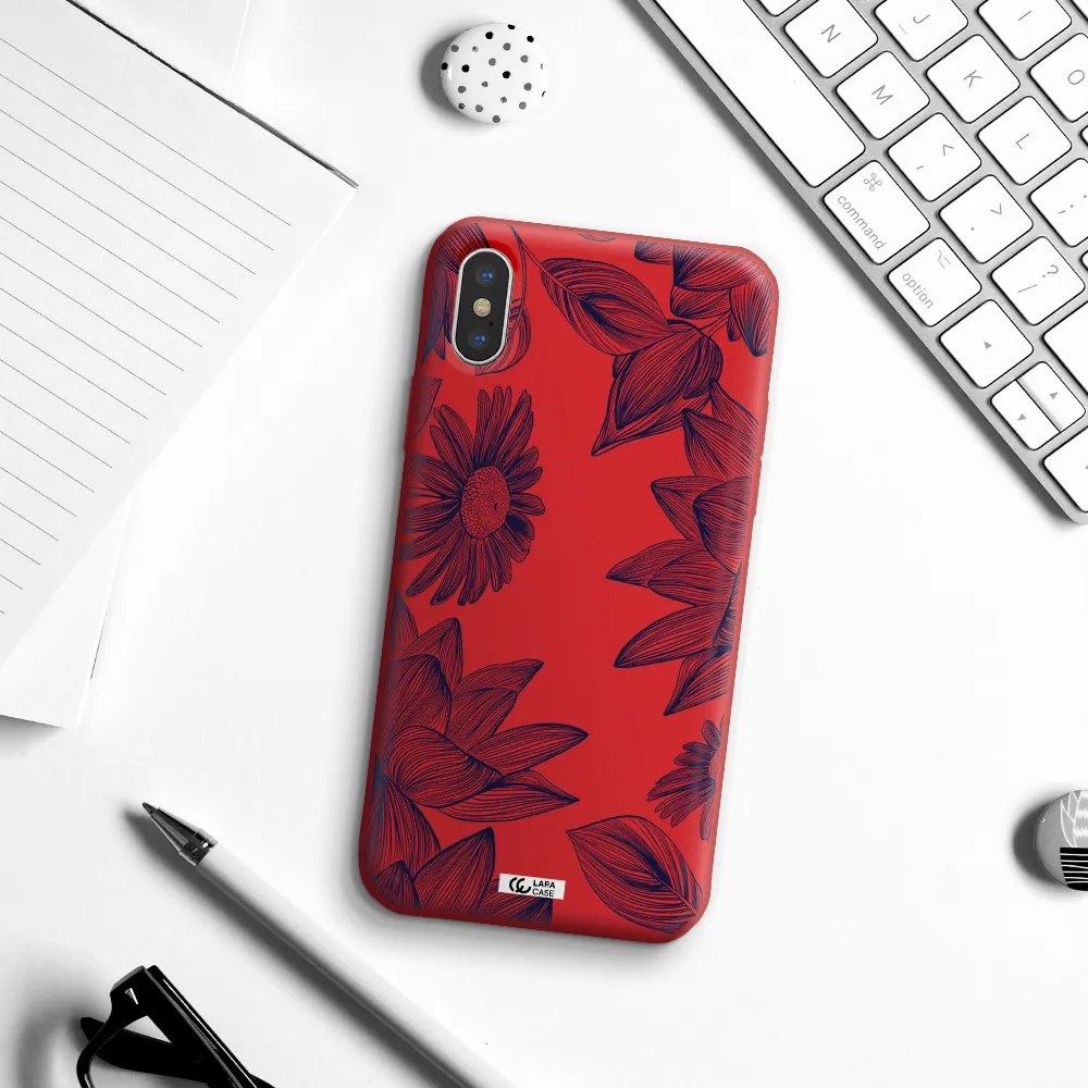 Blue Line Flower Apple iPhone XS Silicone Imperial Red Case