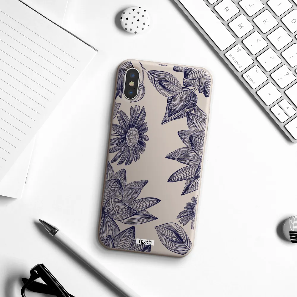 Blue Line Flower Apple iPhone XS Silicone Stone Case