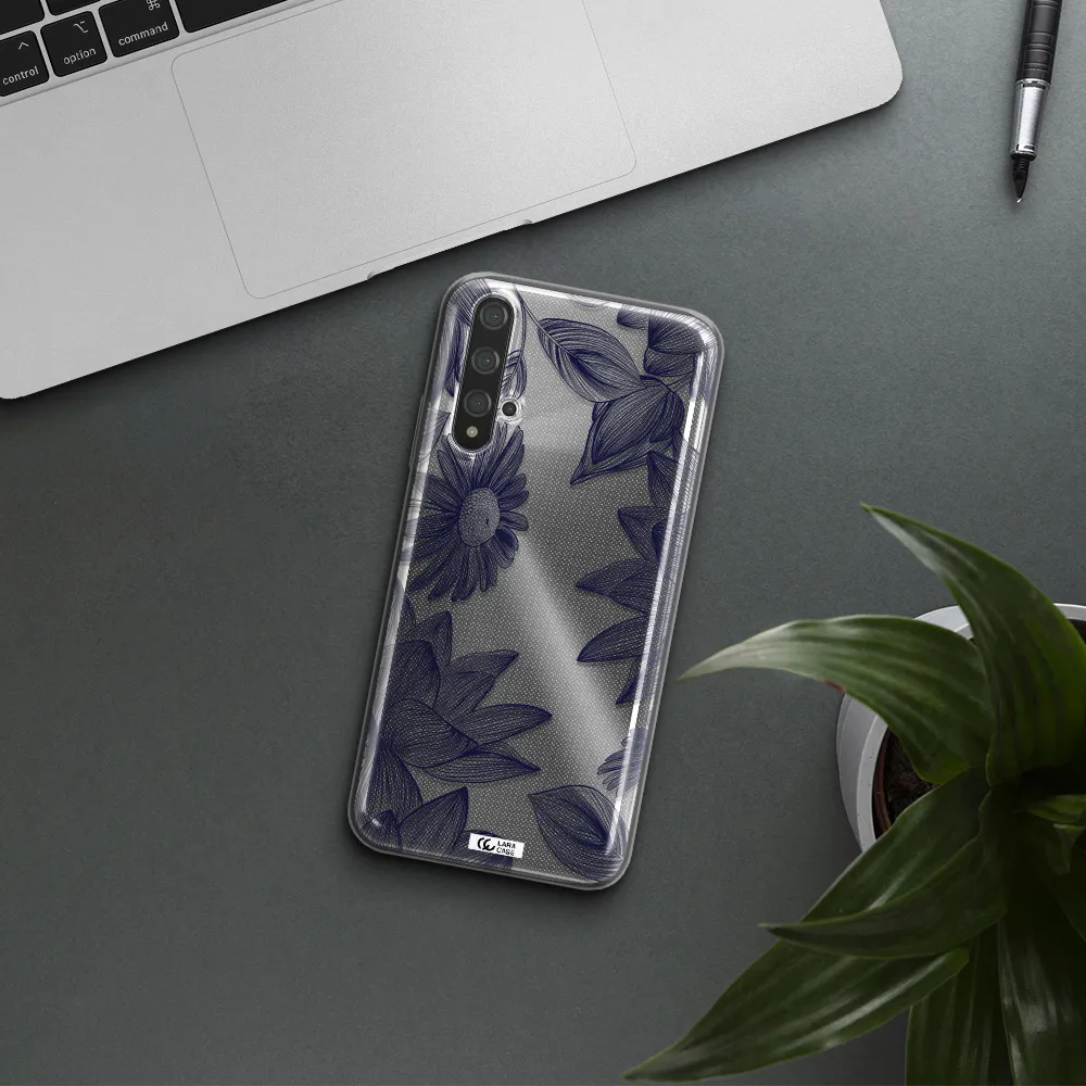 Blue Line Flower Huawei Nova 5t Clear TPU Case