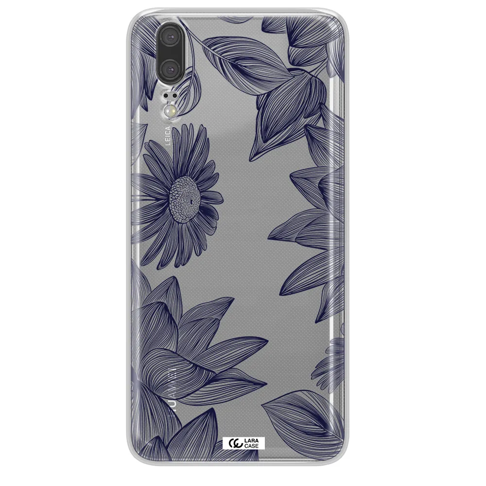 Blue Line Flower Huawei P20 Clear TPU Case
