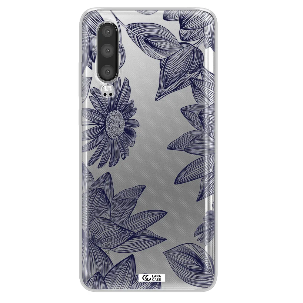 Blue Line Flower Huawei P30 Clear TPU Case