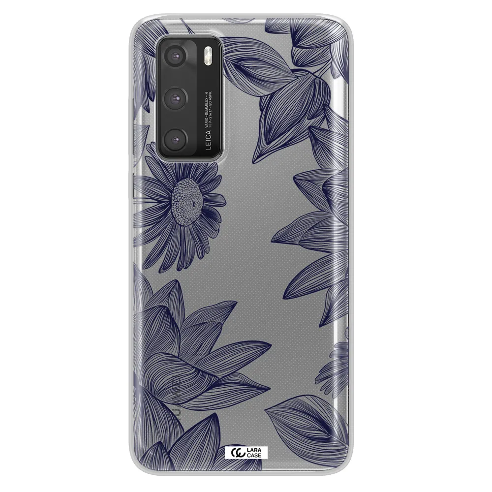 Blue Line Flower Huawei P40 Clear TPU Case