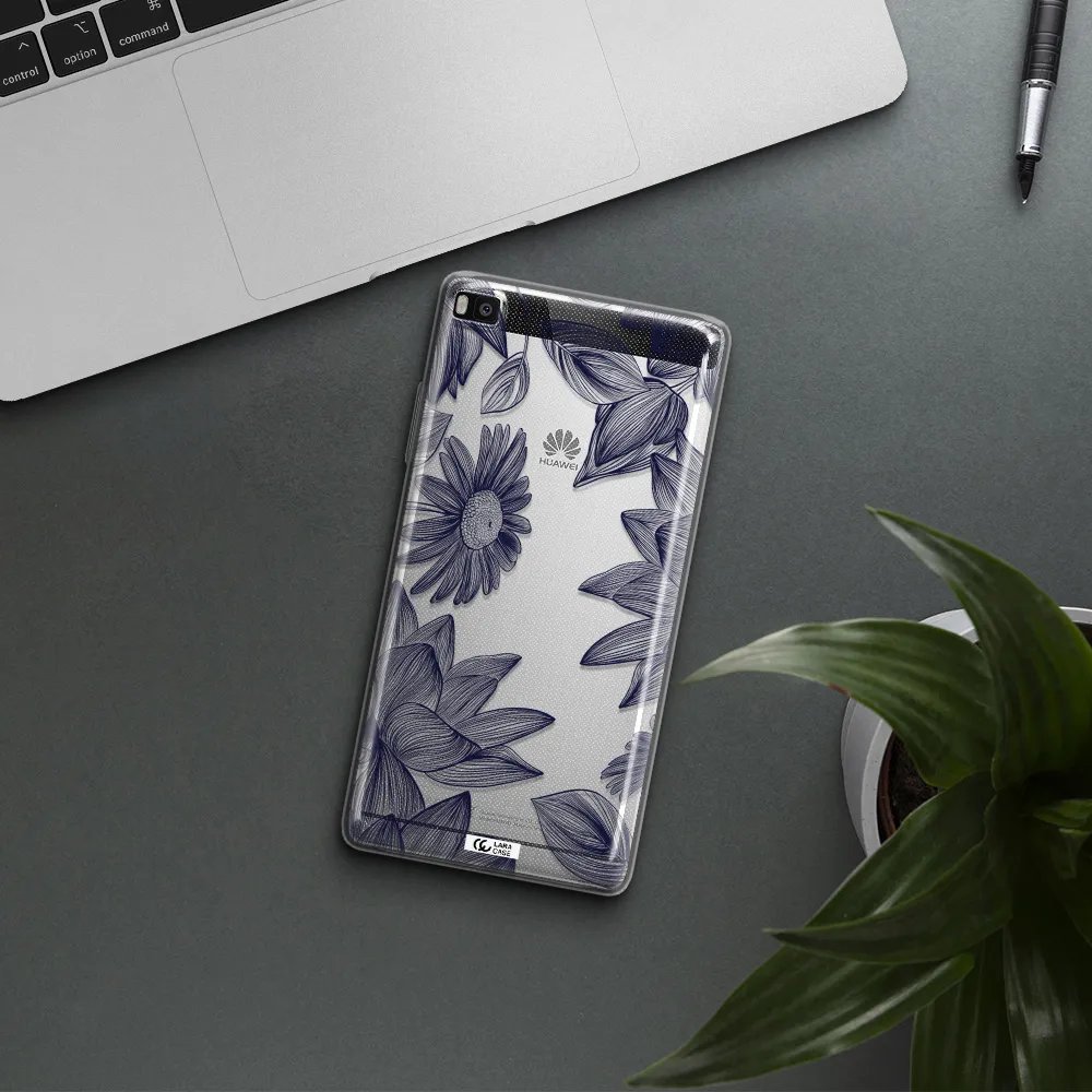 Blue Line Flower Huawei P8 Clear TPU Case