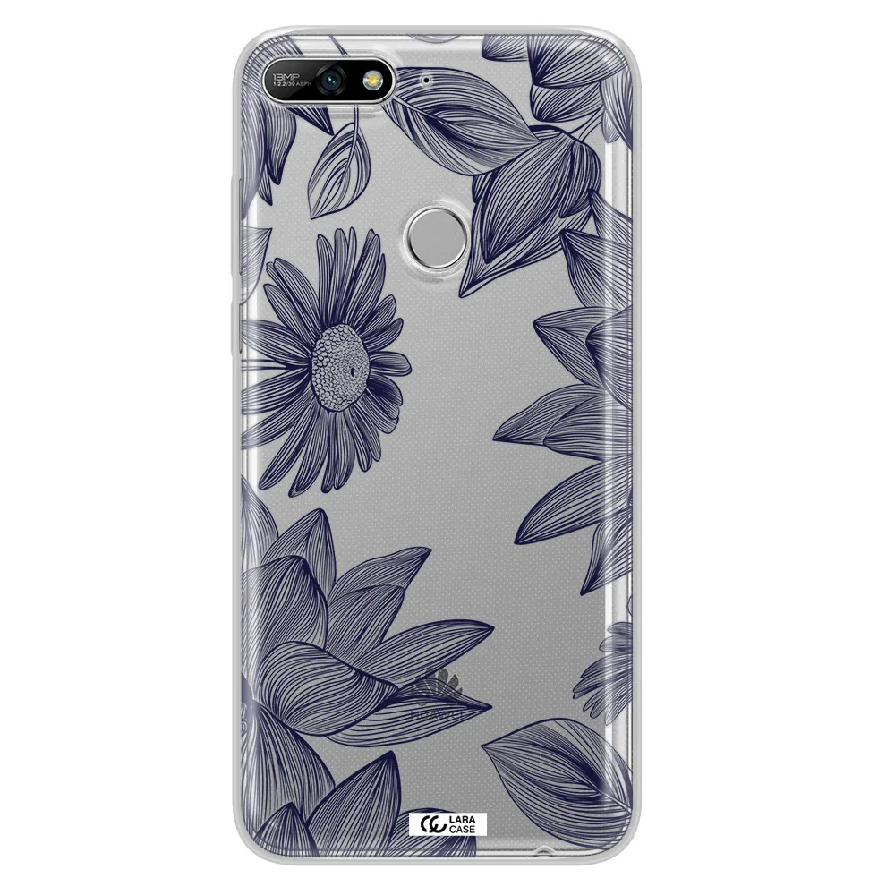 Blue Line Flower Huawei Y7 2018 Clear TPU Case