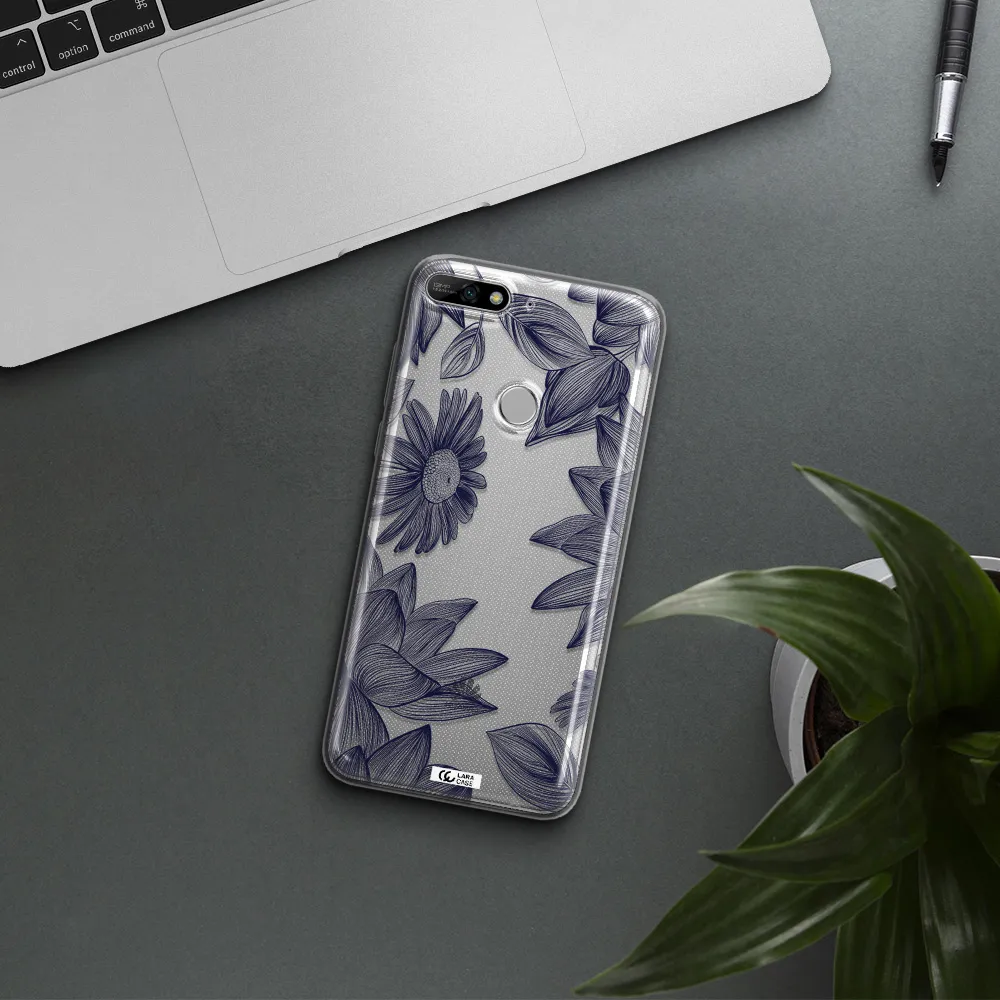 Blue Line Flower Huawei Y7 2018 Clear TPU Case