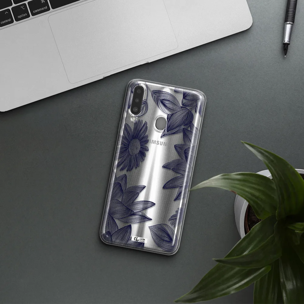 Blue Line Flower Samsung A20S Clear TPU Case
