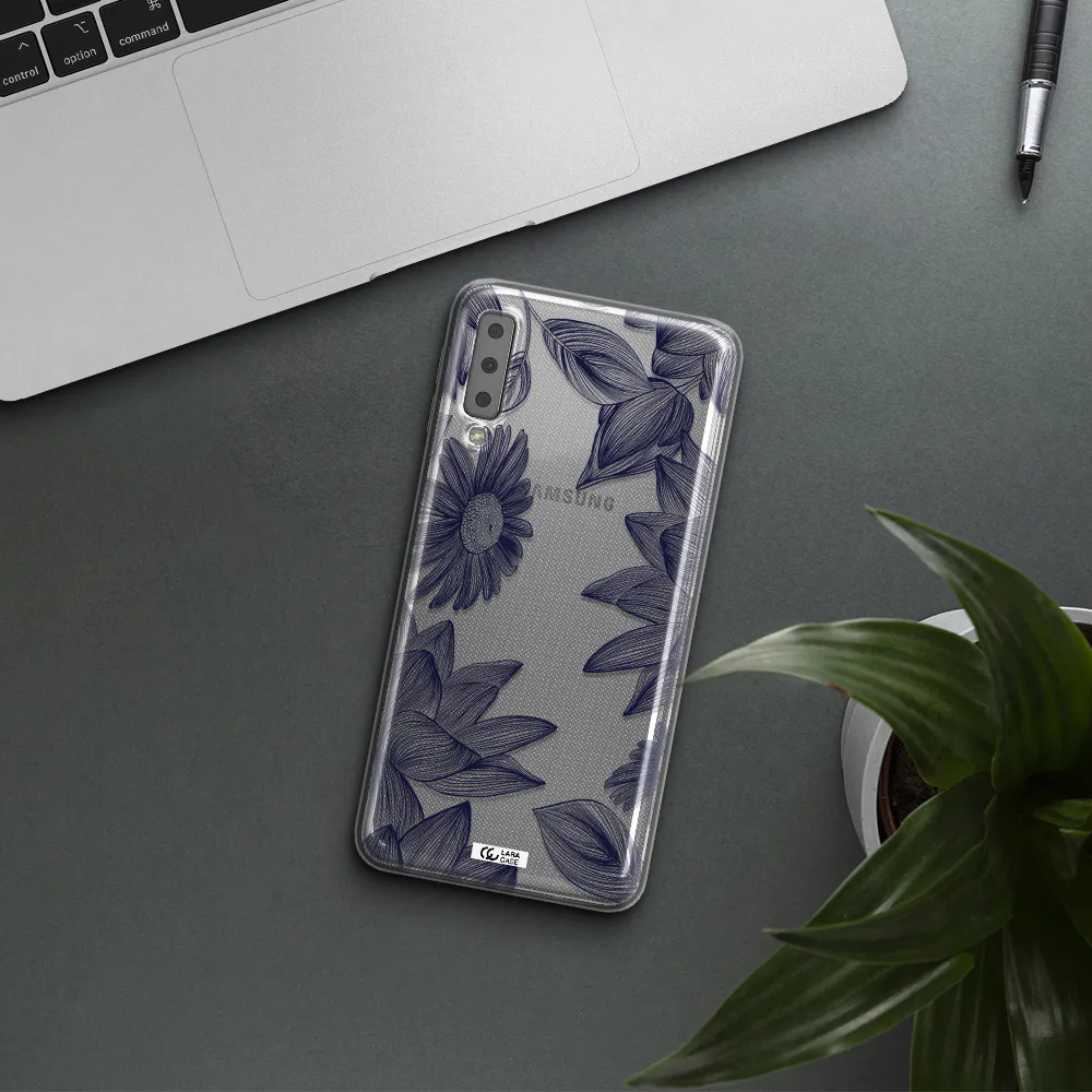 Blue Line Flower Samsung A7 2018 Clear TPU Case