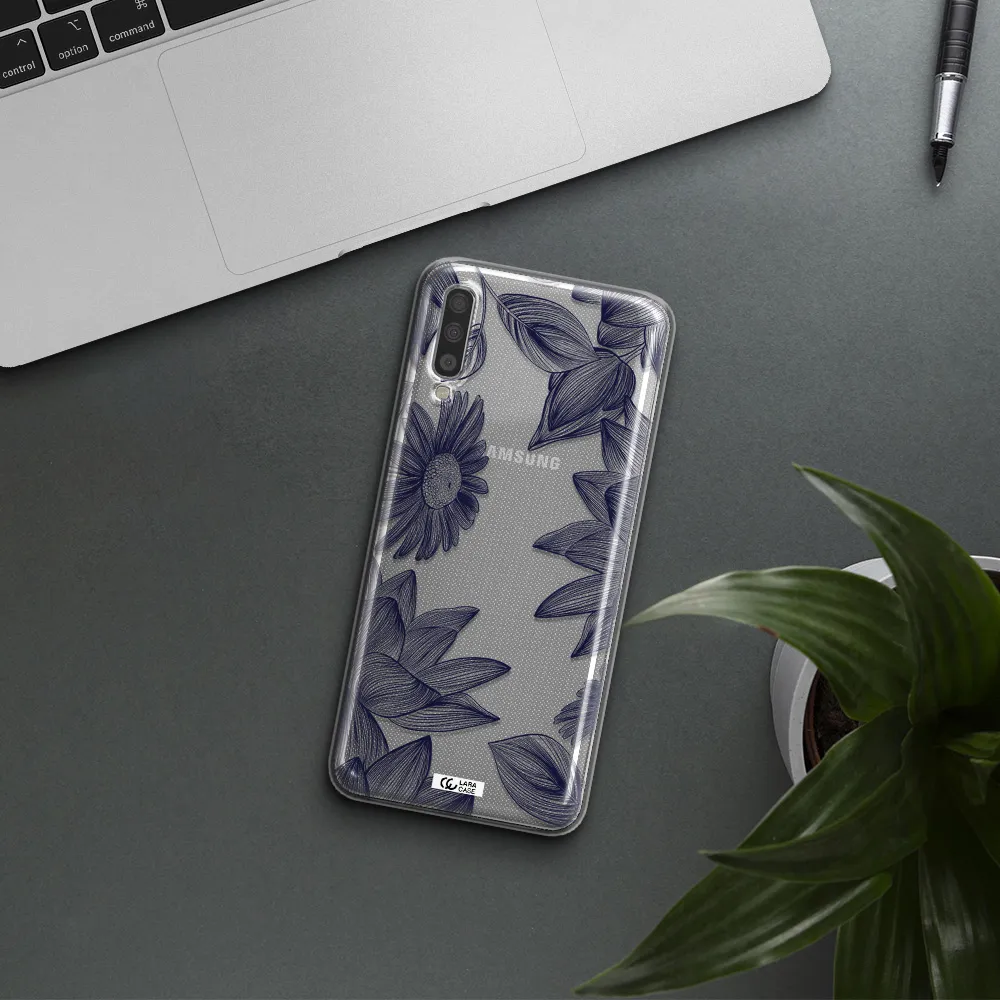 Blue Line Flower Samsung A70 Clear TPU Case