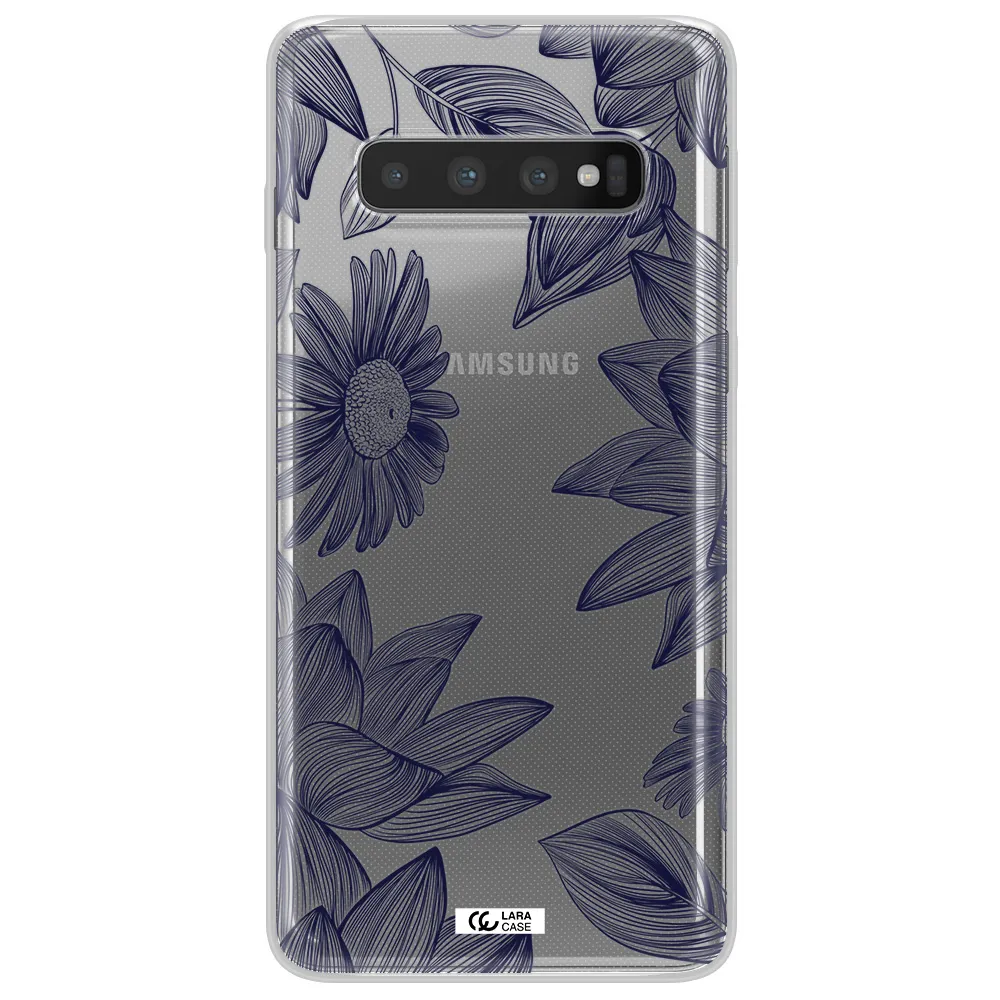 Blue Line Flower Samsung S10 Clear TPU Case