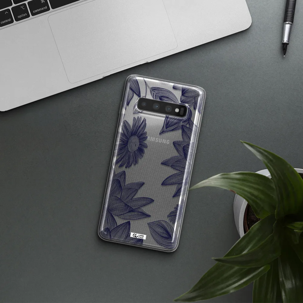 Blue Line Flower Samsung S10 Plus Clear TPU Case