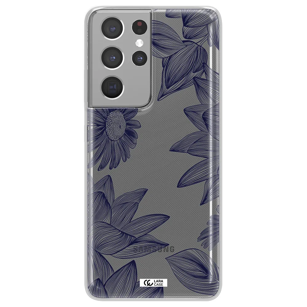 Blue Line Flower Samsung S21 Ultra Clear TPU Case