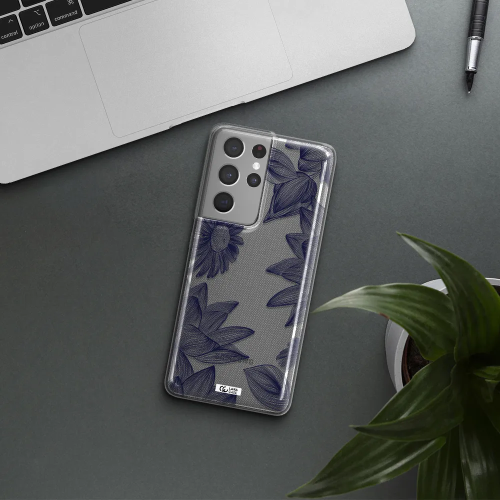Blue Line Flower Samsung S21 Ultra Clear TPU Case