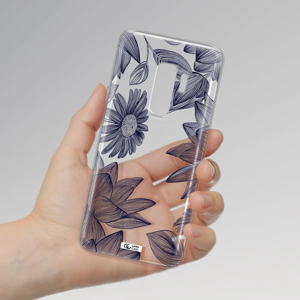 Blue Line Flower Samsung S9 Plus Clear TPU Case