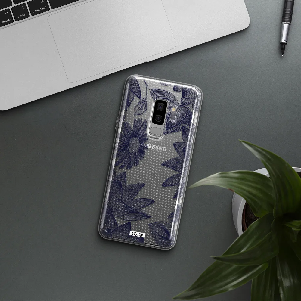 Blue Line Flower Samsung S9 Plus Clear TPU Case