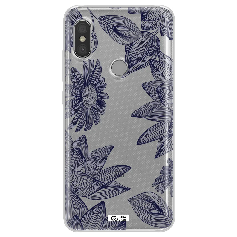 Blue Line Flower Xiaomi Redmi Note 6 Pro Clear TPU Case