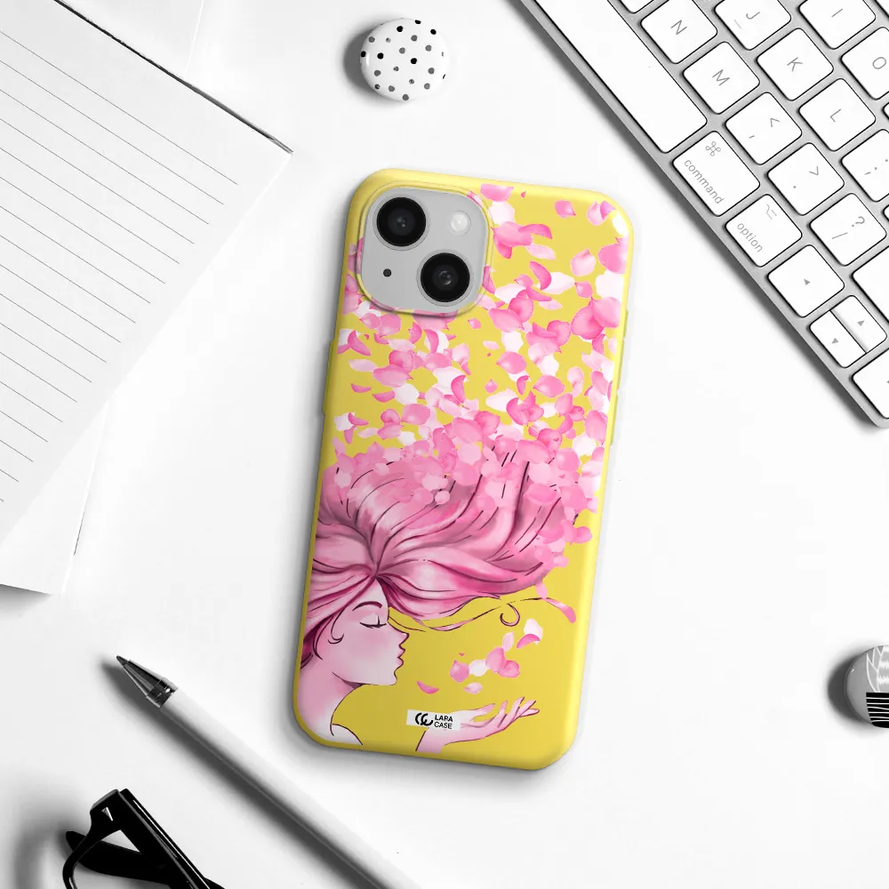 Sakura Leaves Hair Apple iPhone 15 Silicone canary yellow Case