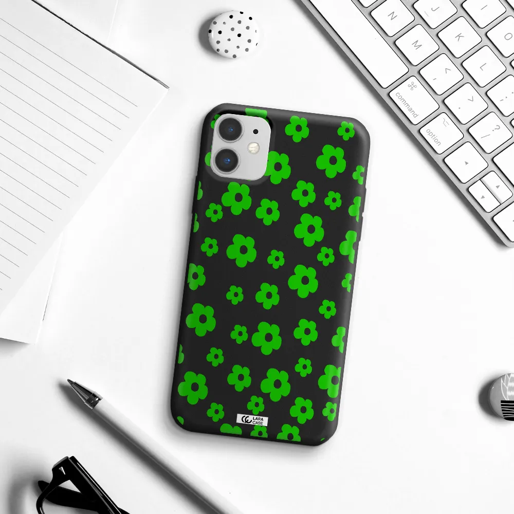 Five Petal Green Flower Apple iPhone 11 Silicone black Case