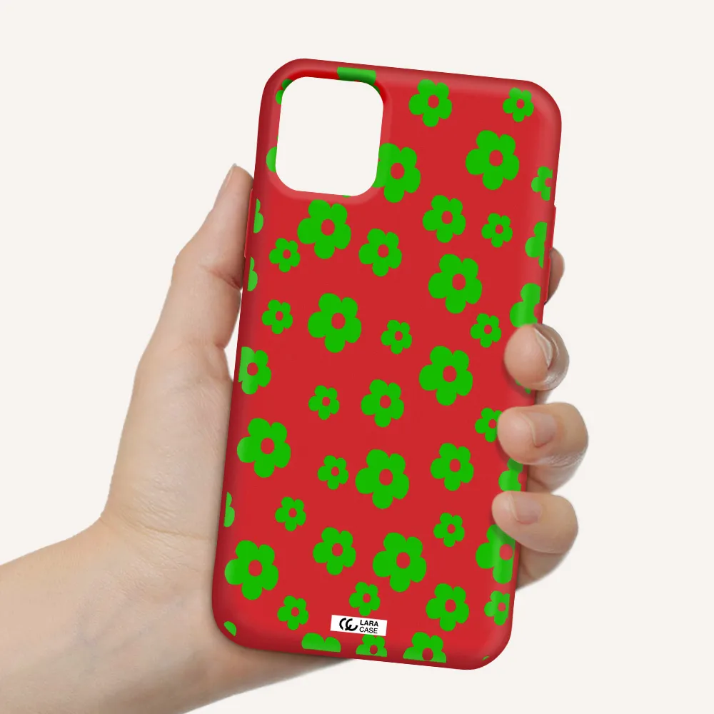 Five Petal Green Flower Apple iPhone 11 Silicone Imperial Red Case