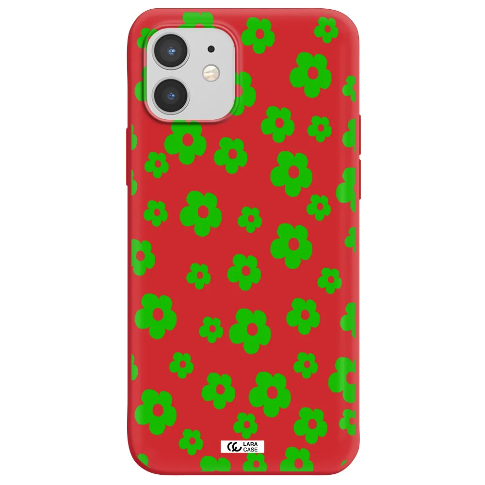 Five Petal Green Flower Apple iPhone 12 mini Silicone Imperial Red Case