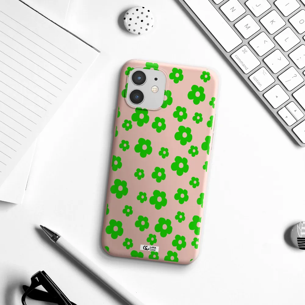Five Petal Green Flower Apple iPhone 12 mini Silicone pastel pink Case