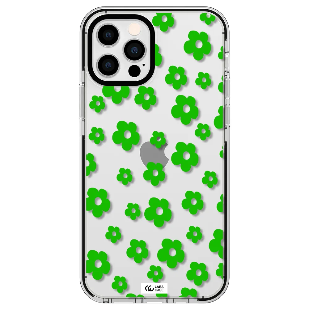 Five Petal Green Flower Apple iPhone 12 pro impact black border Case
