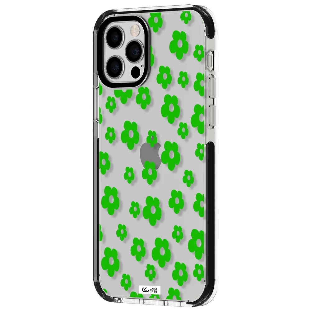 Five Petal Green Flower Apple iPhone 12 pro impact black border Case