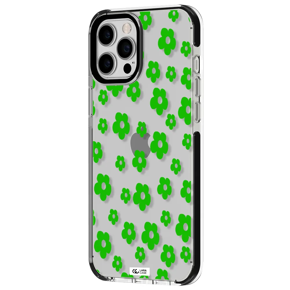 Five Petal Green Flower Apple iPhone 12 pro max impact black border Case