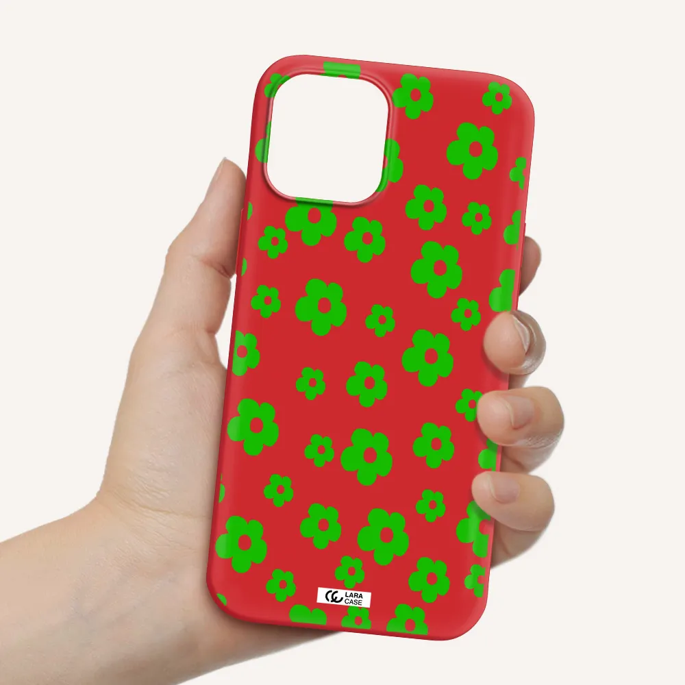 Five Petal Green Flower Apple iPhone 12 pro Silicone Imperial Red Case