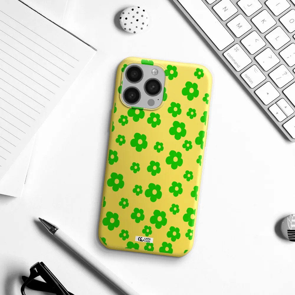 Five Petal Green Flower Apple iPhone 13 Pro Max Silicone canary yellow Case
