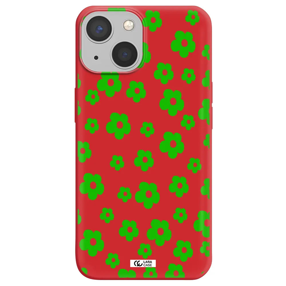 Five Petal Green Flower Apple iPhone 13 Silicone Imperial Red Case