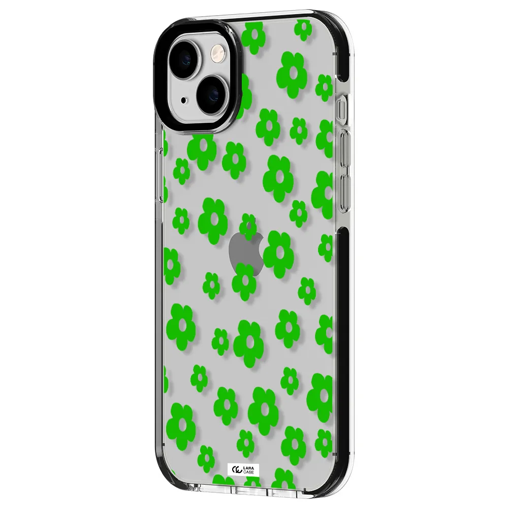 Five Petal Green Flower Apple iPhone 14 plus impact black border Case