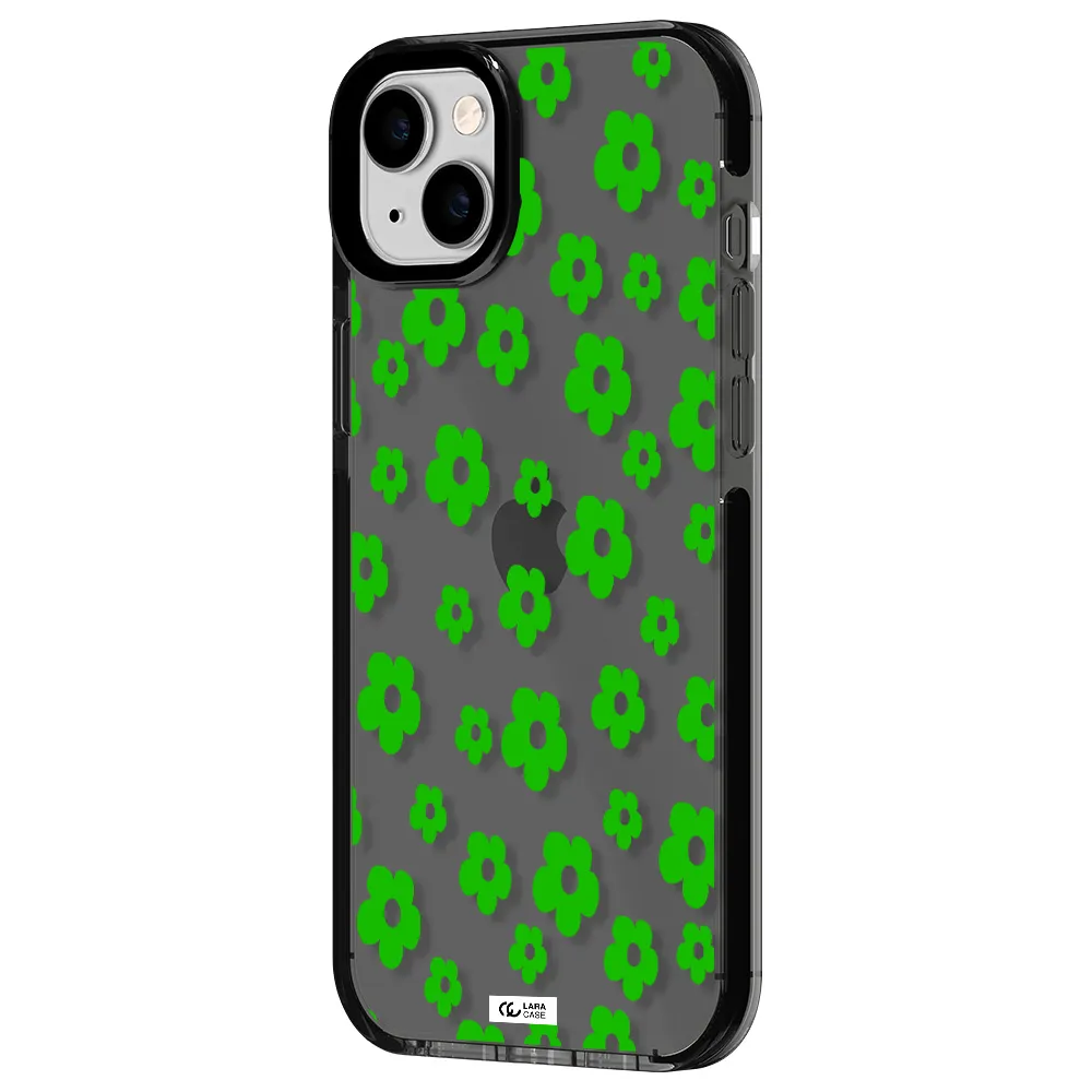 Five Petal Green Flower Apple iPhone 14 plus impact Smoke Black Case