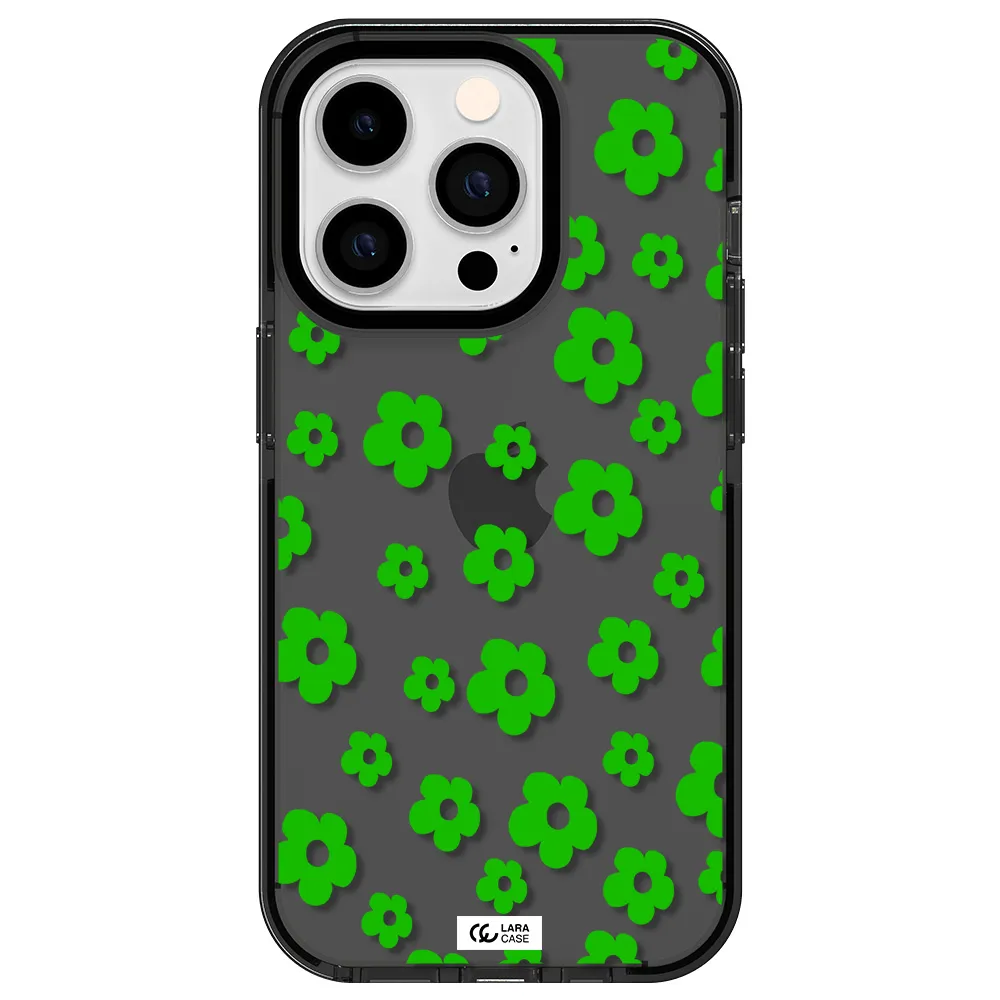 Five Petal Green Flower Apple iPhone 14 pro impact Smoke Black Case