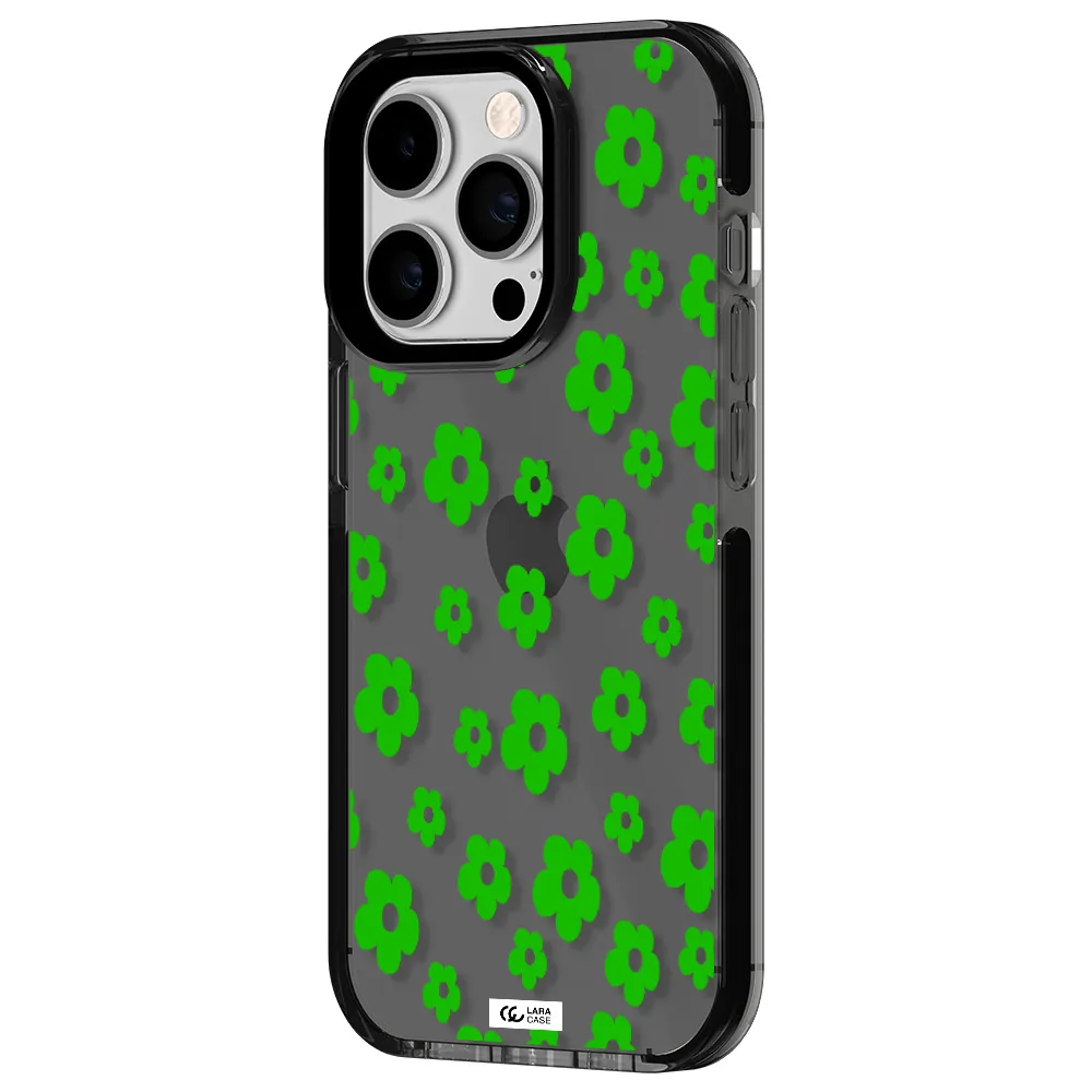 Five Petal Green Flower Apple iPhone 14 pro impact Smoke Black Case