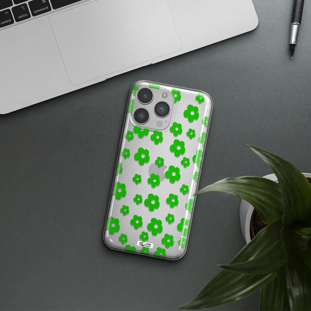 Five Petal Green Flower Apple iPhone 14 pro max Clear TPU Case
