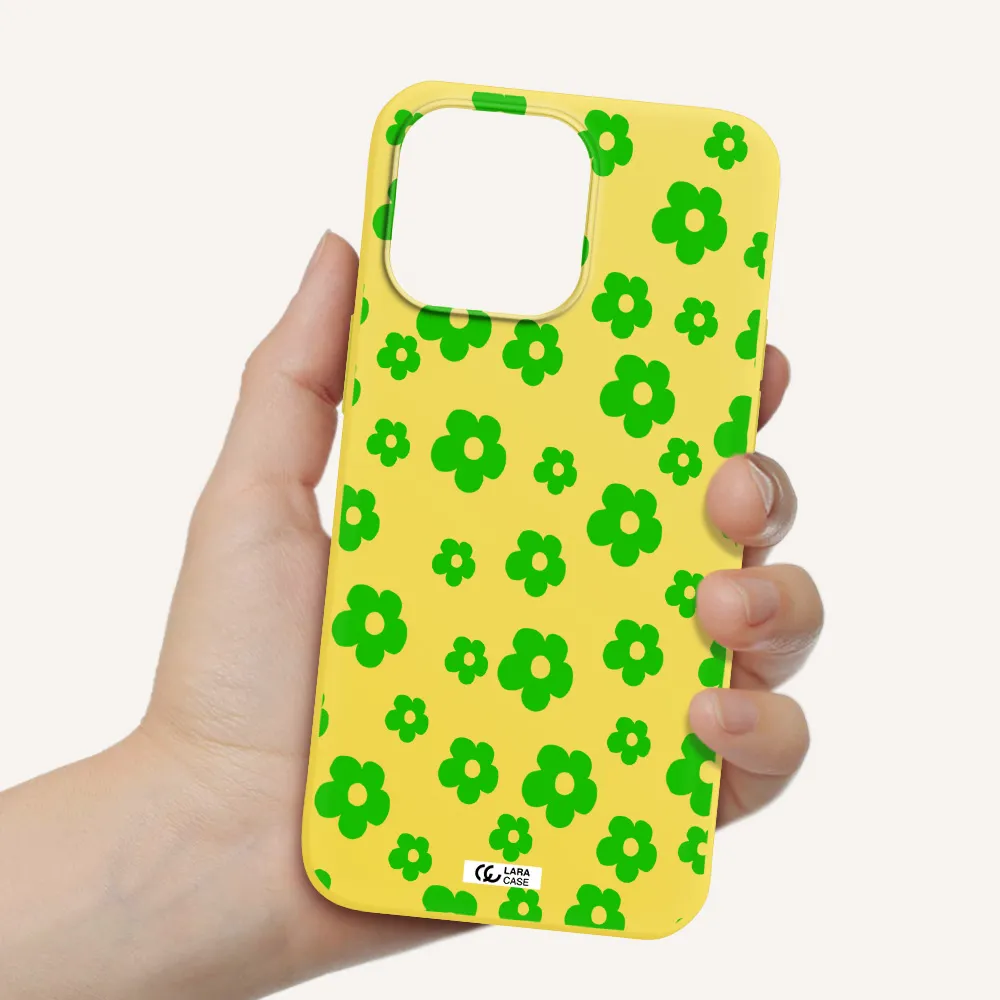 Five Petal Green Flower Apple iPhone 14 pro max Silicone canary yellow Case