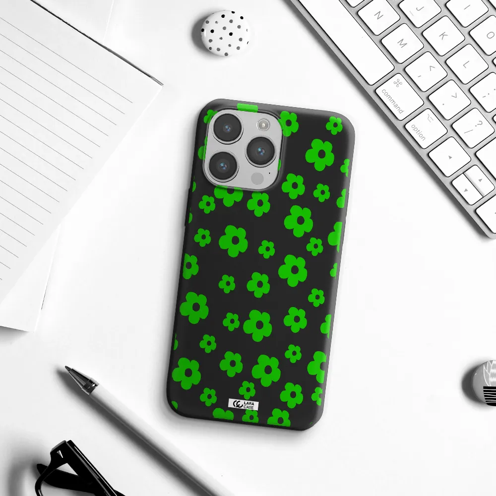 Five Petal Green Flower Apple iPhone 14 pro Silicone black Case
