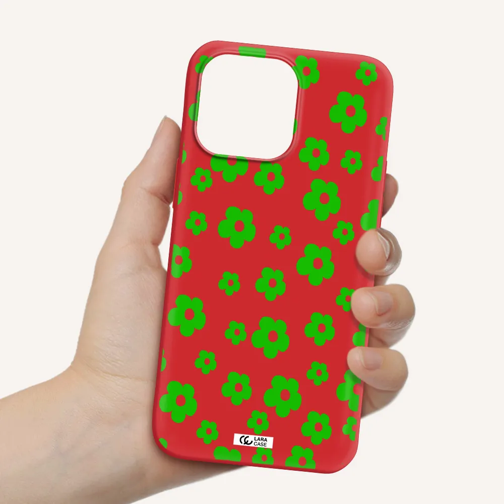 Five Petal Green Flower Apple iPhone 14 pro Silicone Imperial Red Case