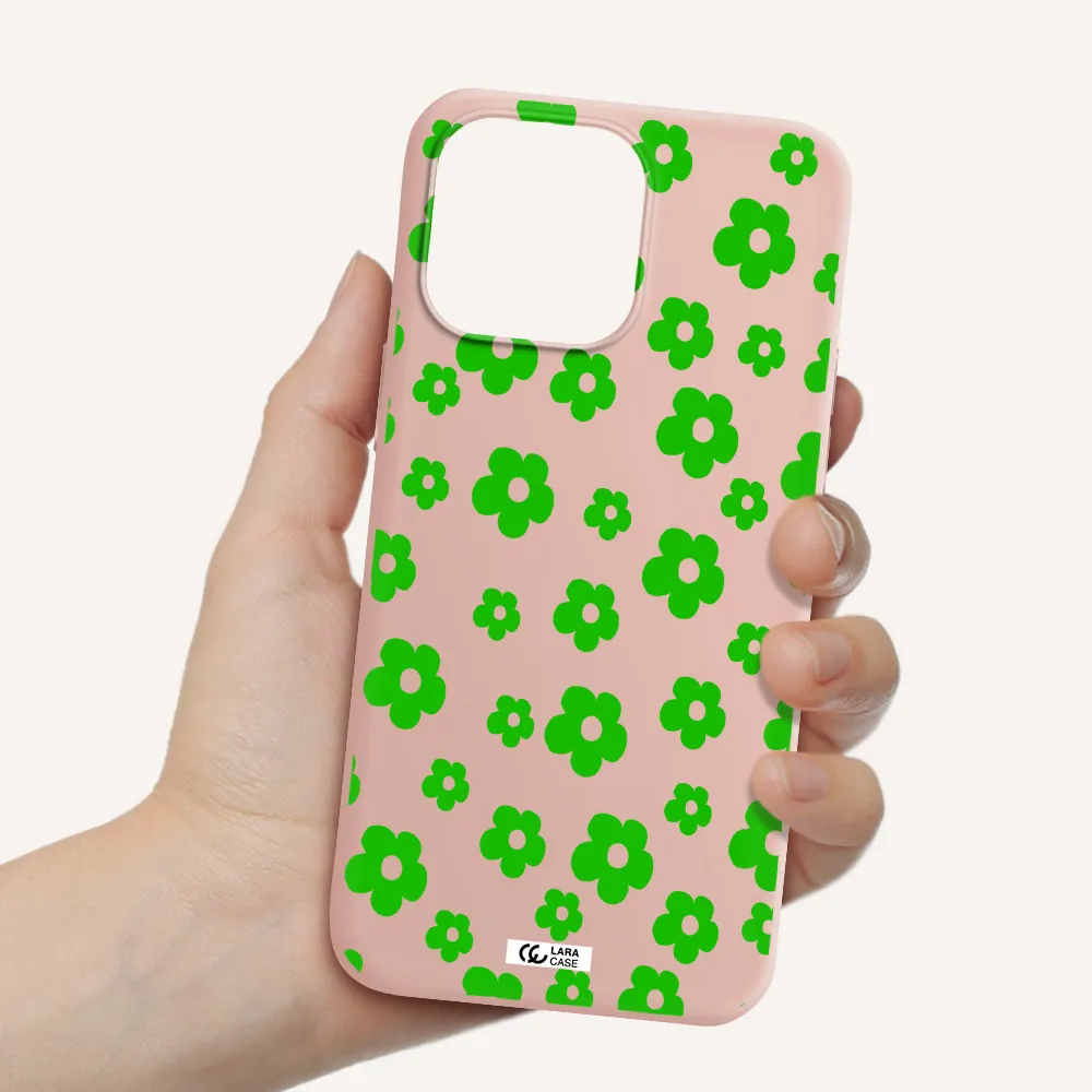 Five Petal Green Flower Apple iPhone 14 pro Silicone pastel pink Case