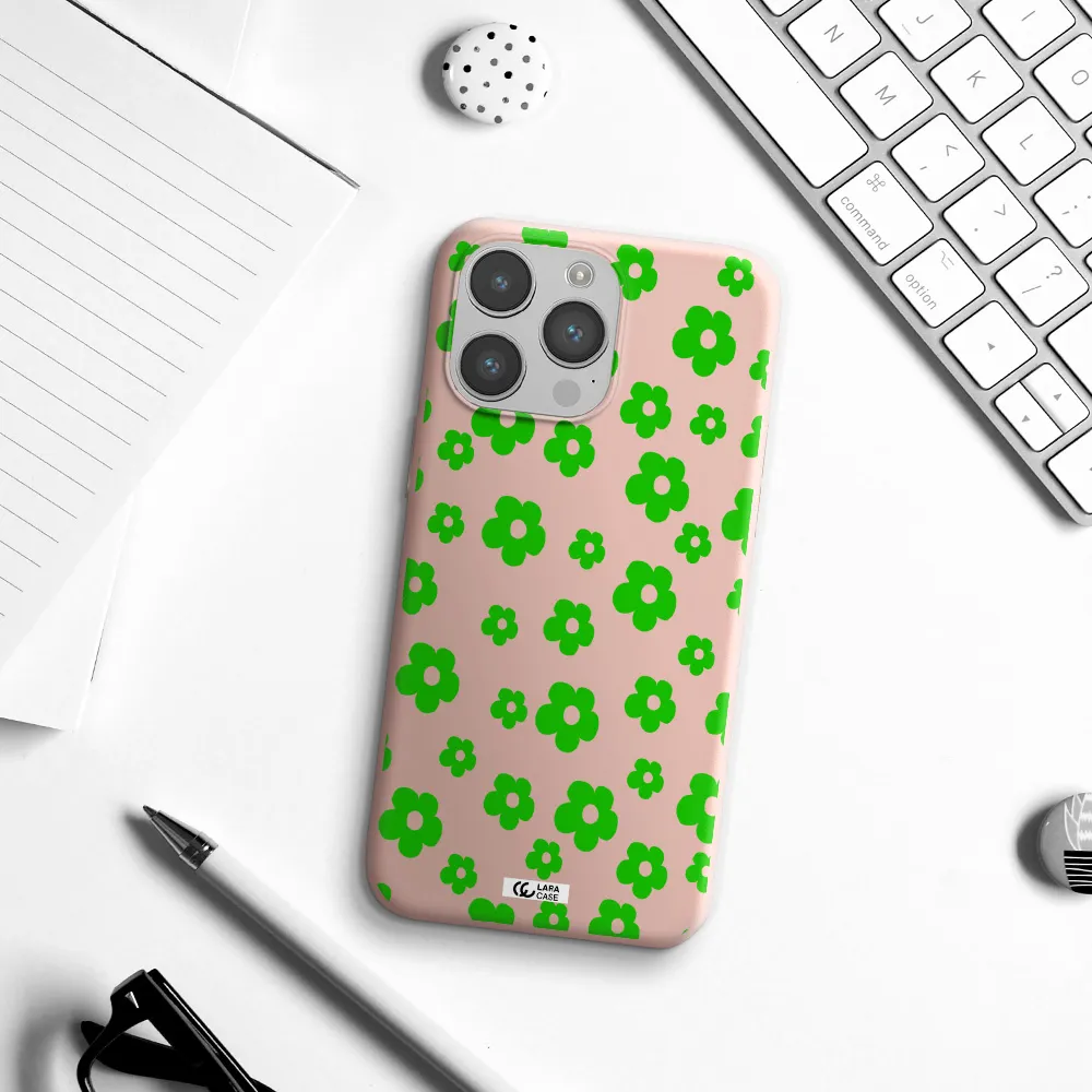 Five Petal Green Flower Apple iPhone 14 pro Silicone pastel pink Case