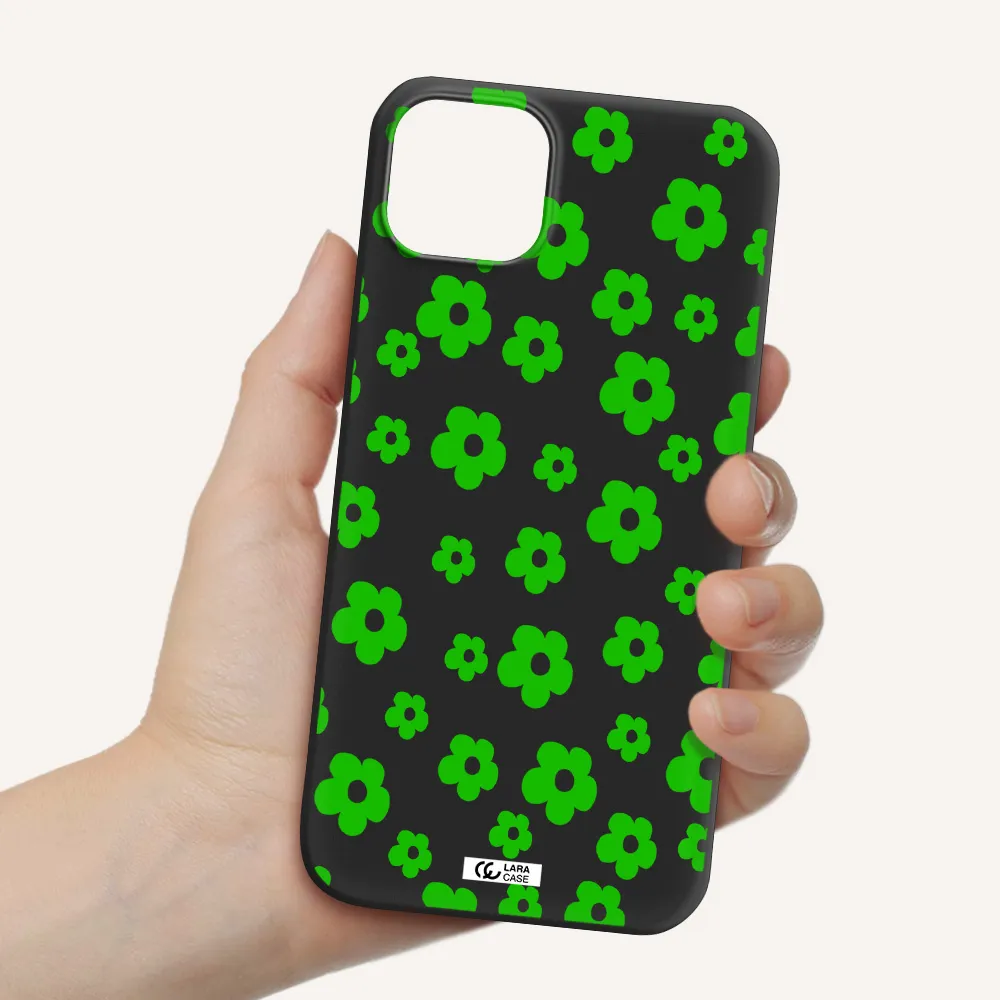 Five Petal Green Flower Apple iPhone 14 Silicone black Case