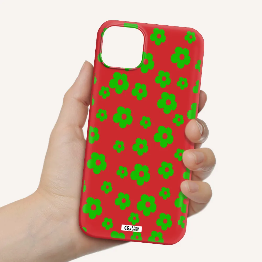 Five Petal Green Flower Apple iPhone 14 Silicone Imperial Red Case