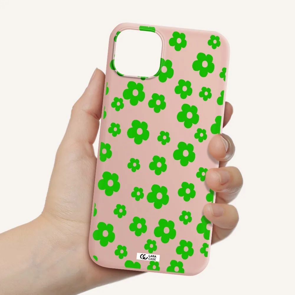 Five Petal Green Flower Apple iPhone 14 Silicone pastel pink Case