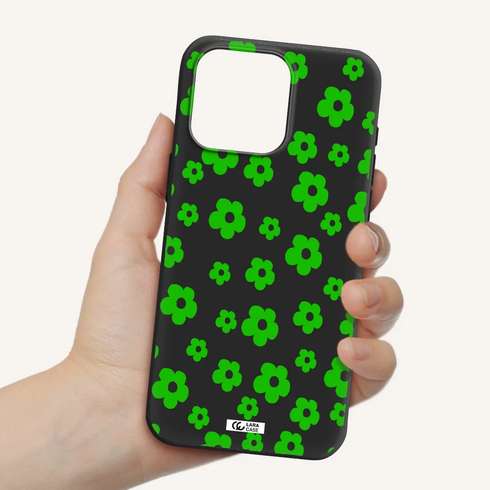 Five Petal Green Flower Apple Iphone 15 Pro max Silicone black Case