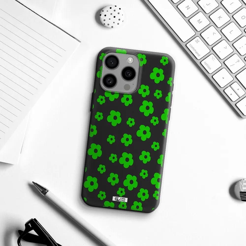 Five Petal Green Flower Apple Iphone 15 Pro max Silicone black Case